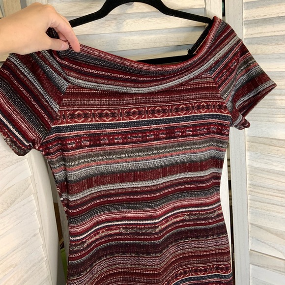 Papaya Burgundy Gray Striped Print Off Shoulder Bodycon Mini Dress L - Picture 6 of 11
